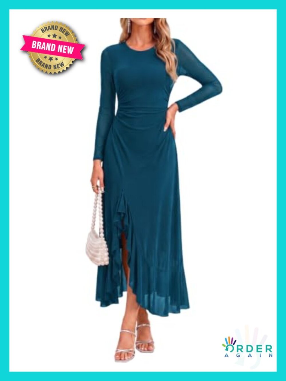 Long Sleeve Maxi Mesh Dress Ruched Waist Asymmetrical Slit Wedding Guest